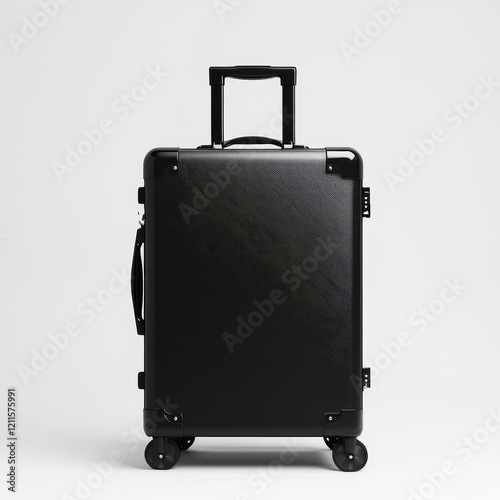 Black carry-on suitcase with wheels and handle, isolated on white background. (1) photo