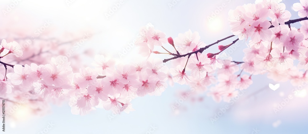 Obraz premium Soft pink cherry blossom branches against a light blue gradient background creating a serene spring atmosphere with delicate blooms.