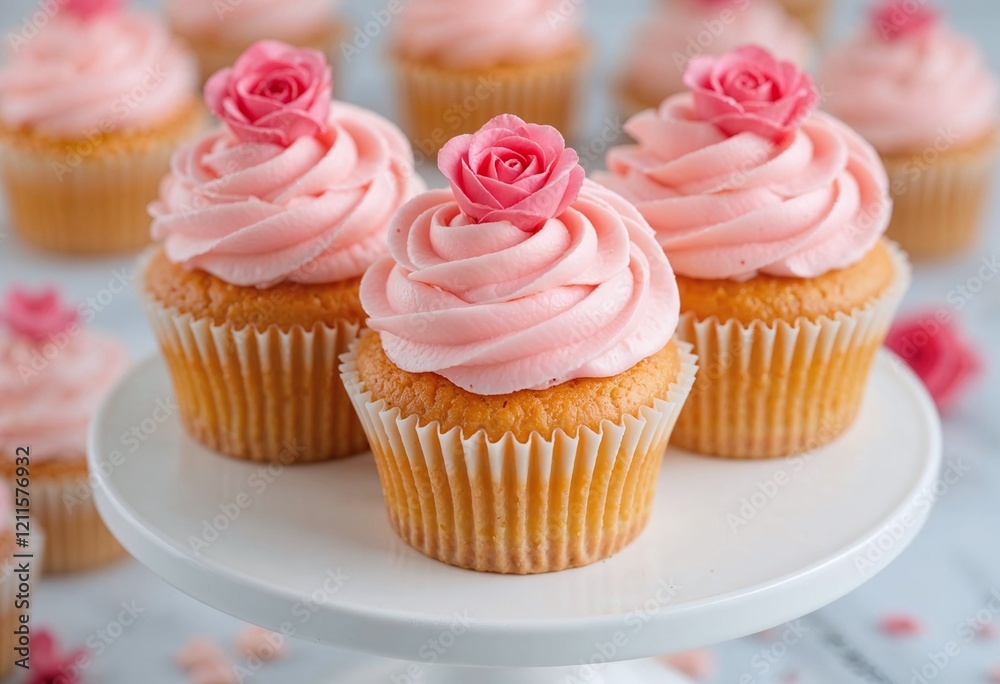 Delightful pink rose-topped cupcakes elegantly displayed on a white stand, exuding a charming and sweet atmosphere. Delightful pink rose-topped cupcakes elegantly displayed on a white stand, exuding a charming and sweet atmosphere.