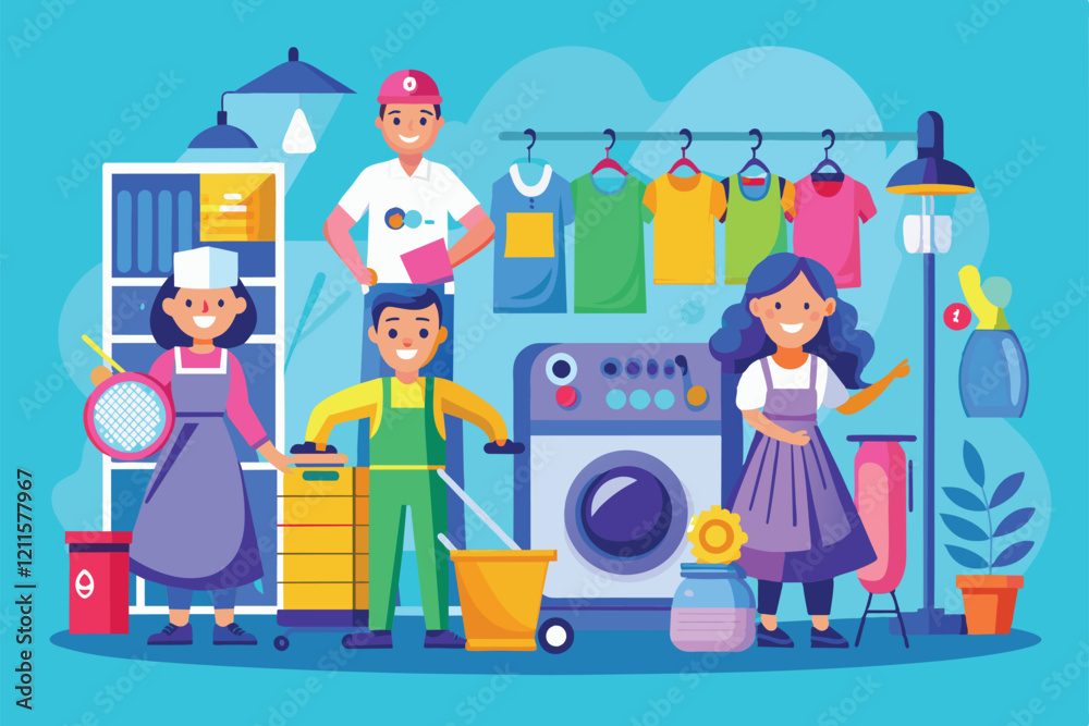 The colorful laundry flat features staff engaging in laundry activities, showcasing a variety of cleaning tools, Laundry and dry cleaning Customizable Flat Illustration The colorful laundry flat features staff engaging in laundry activities, showcasing a variety of cleaning tools, Laundry and dry cleaning Customizable Flat Illustration