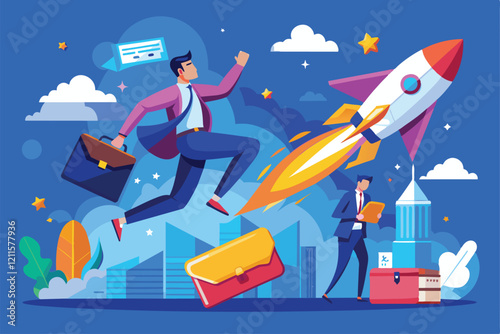 Two entrepreneurs are depicted actively launching a new business, showcasing ambition and innovation, Launching new business concept