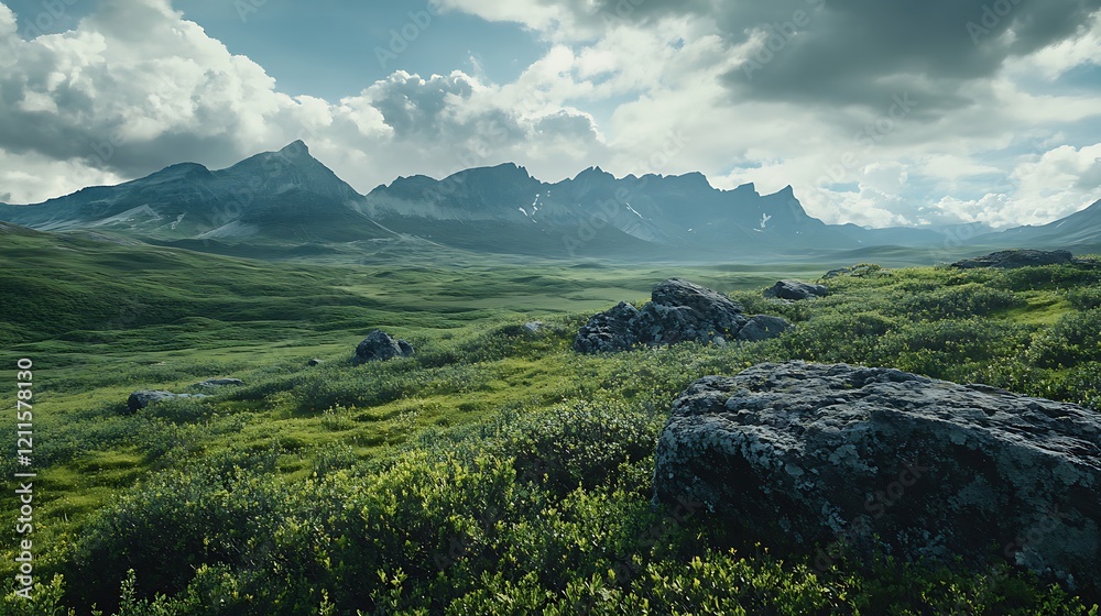 Fototapeta premium Majestic Mountain Range and Serene Valley Landscape