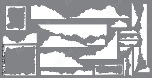 Set of white torn or ripped paper sheets. or blank page split vector illustration. Abstract realistic ornament or decoration clip art for social media banner background