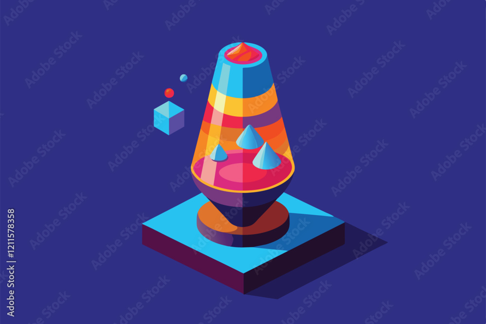 A lava lamp features colorful, dynamic blobs inside a tall, isometrically styled container on a striking blue base, Lava lamp Customizable Isometric Illustration A lava lamp features colorful, dynamic blobs inside a tall, isometrically styled container on a striking blue base, Lava lamp Customizable Isometric Illustration