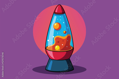 A colorful cartoon lava lamp sits on a surface, emitting a warm glow with vibrant, flowing shapes and swirling colors, Lava lamp Customizable Cartoon Illustration