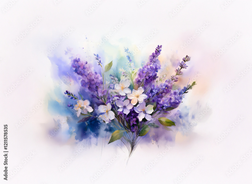 Fototapeta premium A vibrant watercolor painting of lavender and white flowers, set against a soft, colorful background. The artwork evokes a sense of serenity and natural beauty.