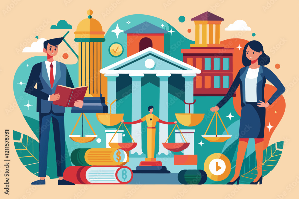 Legal professionals stand amidst symbols of justice and courthouses, highlighting the law firm's dynamic atmosphere, Law firm Customizable Disproportionate Illustration Legal professionals stand amidst symbols of justice and courthouses, highlighting the law firm's dynamic atmosphere, Law firm Customizable Disproportionate Illustration