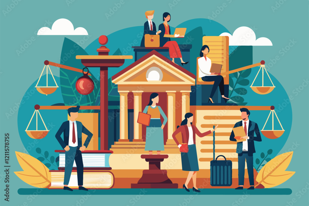 Obraz premium A diverse team of legal professionals collaborates in a modern office, focusing on teamwork and productivity, Law firm Customizable Semi Flat Illustration