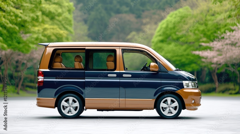 Luxury minivan parked in a serene park. Ideal for travel brochures Luxury minivan parked in a serene park. Ideal for travel brochures