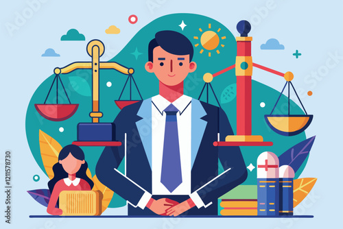 A lawyer stands confidently among scales of justice and legal books, embodying the essence of a modern law firm, Law firm Customizable Disproportionate Illustration