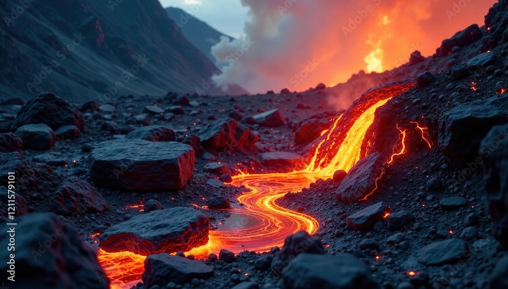 Fototapeta premium Fiery orange molten lava flows down rocky terrain with smoldering ash and debris in a volcanic landscape background, intense, geological