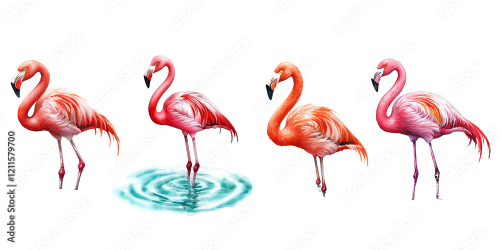 Obraz premium Flamingos in various poses, showcasing their vibrant colors and elegance