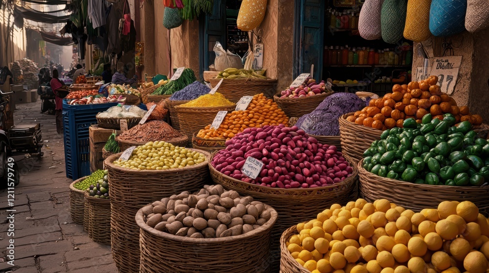 Obraz premium Vibrant Market Scene Colorful Produce and Spices in Baskets