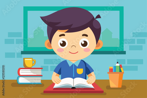 A young boy cheerfully studies cartoon drawing at his desk, surrounded by art supplies and books, Learning Customizable Cartoon Illustration