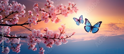 Serene sunset with pink cherry blossoms on left, two vibrant blue butterflies in mid-air, and soft gradient sky from orange to purple on the right.