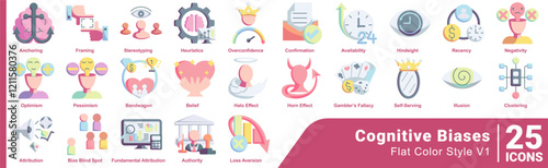 Cognitive Biases icon set 25 in Flat Color style