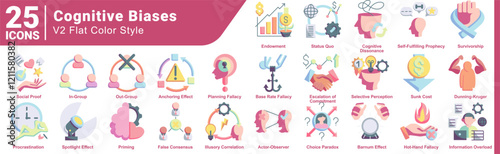 Cognitive Biases icon bundle 25 in Flat Color style