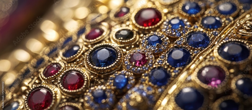 Close-up view of intricate gold jewelry adorned with vibrant sapphires and rubies in circular settings showcasing detailed craftsmanship. Close-up view of intricate gold jewelry adorned with vibrant sapphires and rubies in circular settings showcasing detailed craftsmanship.