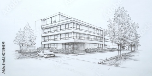 Architectural Sketch of Modern Building with Car and Trees