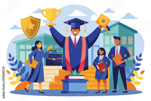 A group of graduates proudly displays their achievements while celebrating success at a graduation event, Learning for success graduation, mba