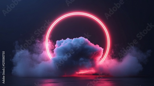 Glowing neon ring encircles smoke cloud.