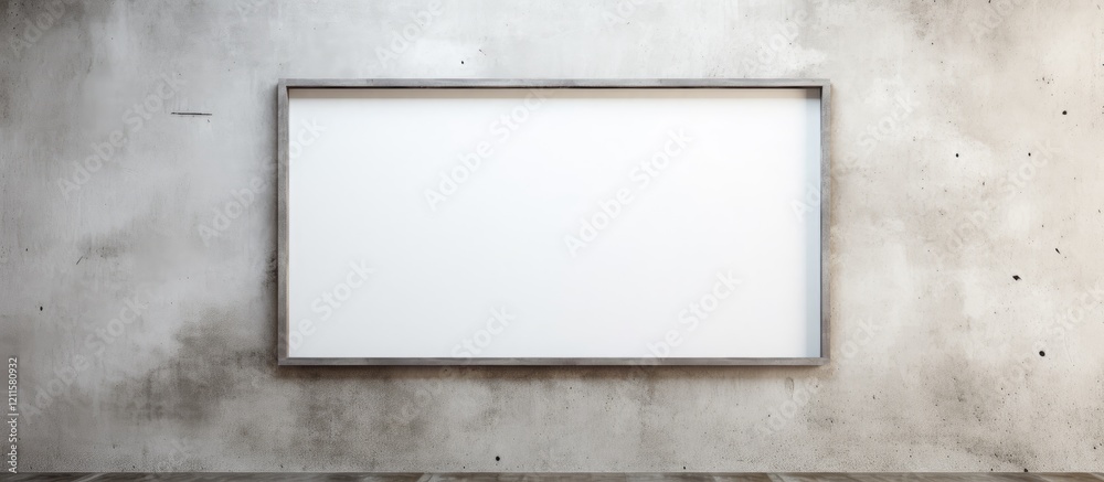 Blank rectangular picture frame with wooden border centered on a textured concrete wall in neutral tones creating a minimalist aesthetic. Blank rectangular picture frame with wooden border centered on a textured concrete wall in neutral tones creating a minimalist aesthetic.
