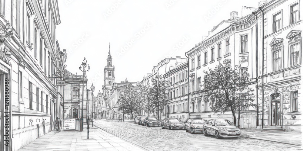 Obraz premium A Sketch of a City Street with Old Buildings and Cars