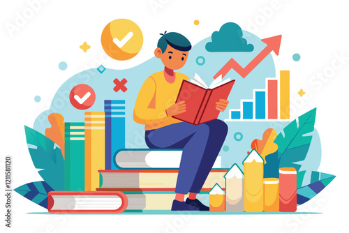 A person sitting on stacked books, deeply engaged in reading while colorful charts and symbols indicate learning, learn to find information through books trending