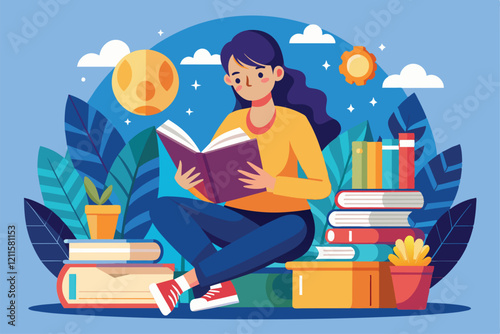 A person sits happily reading a book among piles of books with plants in a vibrant outdoor setting, learn to find information through books