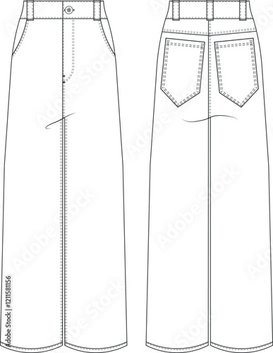 high rise high waist wide leg straight leg denim jean pant trouser template technical drawing flat sketch cad mockup fashion woman design style model 
