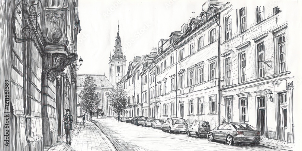 Fototapeta premium A Pen Sketch Of A European City Street Scene
