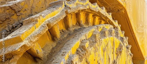 Detailed close-up of a yellow bulldozer wheel with prominent ridges and dirt, showcasing textured surface against a blurred background.