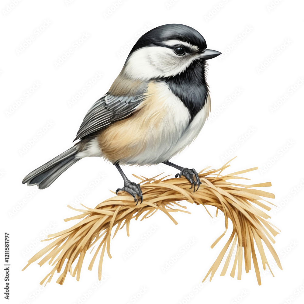 Naklejka premium A charming black-capped chickadee perched on a rolled straw bundle, wearing a small woven straw hat. This whimsical illustration showcases rustic charm and delicate detail, blending nature and creativ