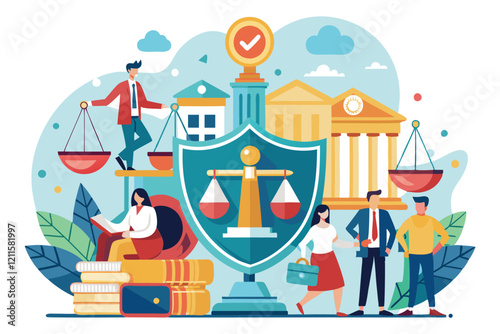 A vibrant image of diverse people and justice symbols, highlighting legal support and citizen protection, Legal support and protection of citizens, democracy and law,