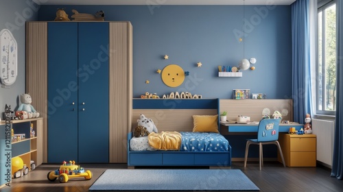 Blue and yellow child's bedroom with built-in furniture, toys, and a star theme.