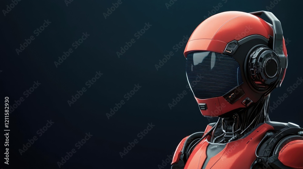 Virtual assistant ai concept. Futuristic robotic helmet design in vibrant red, showcasing advanced technology and style.