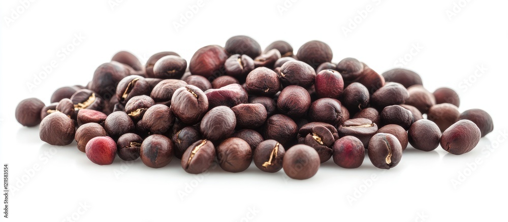 Fresh raw coffee beans in a diagonal heap on a pristine white background, highlighting rich brown colors and natural textures for an elegant presentation. Fresh raw coffee beans in a diagonal heap on a pristine white background, highlighting rich brown colors and natural textures for an elegant presentation.