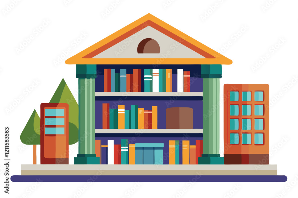 A vibrant library structure features shelves filled with books, flanked by trees and adjacent buildings, library and book shelf,. isolated white background A vibrant library structure features shelves filled with books, flanked by trees and adjacent buildings, library and book shelf,. isolated white background
