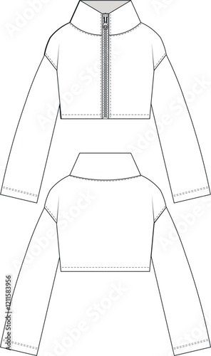 funnel collared zippered drop shoulder long sleeve cropped crop jacket coat outerwear template technical drawing flat sketch cad mockup fashion woman design style model 
