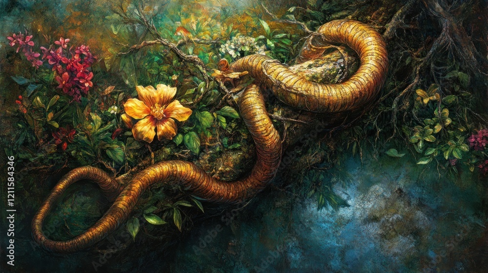 Golden serpent coiled on branch, jungle flowers, misty background, fantasy art