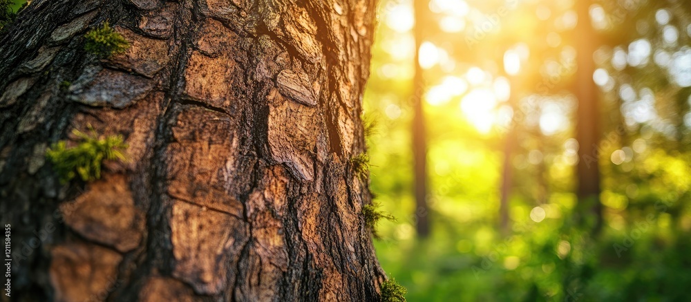 Obraz premium Close up of textured tree bark in warm hues with vibrant green foliage in soft focus sunlight, highlighting nature's beauty and sustainability.