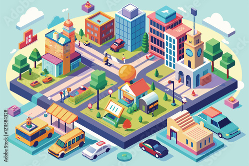 Explore a lively city depicted in a customizable isometric style, featuring diverse buildings and activities, Life in a city Customizable Isometric Illustration