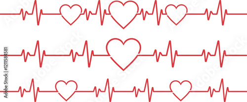 Collection of Vector Illustrations of Red Heartbeat and Heartbeat Line Concept on White Background