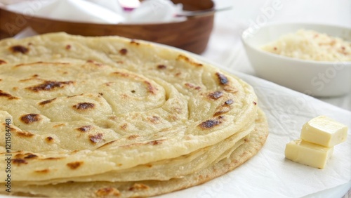 Close-up shot of the soft and fluffy interior of a puran poli, yellow color, indian dessert, sweet filling, round shape, puran poli photo