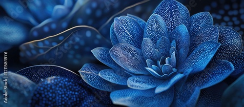 Close up of intricate blue floral patterns showcasing textured leaves and petals with dark blue hues creating a serene natural design.
