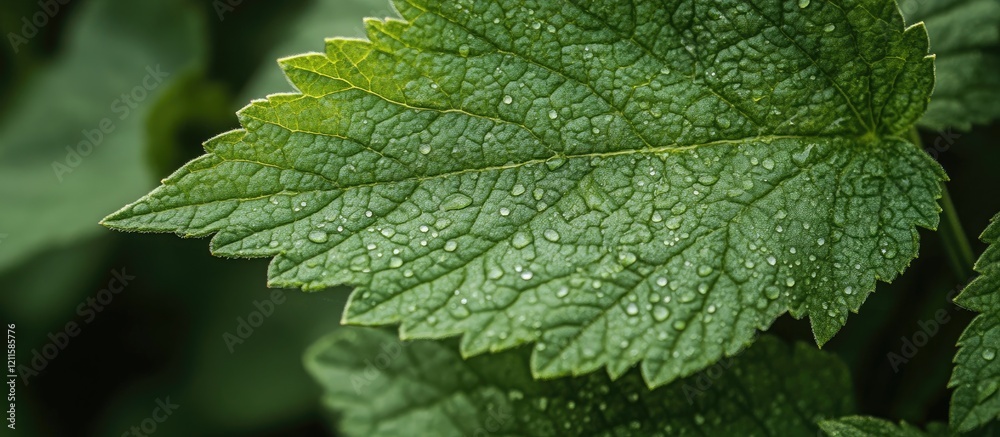 Detail of a lush green leaf with water droplets highlighting its intricate texture positioned prominently against a blurred green background. Detail of a lush green leaf with water droplets highlighting its intricate texture positioned prominently against a blurred green background.