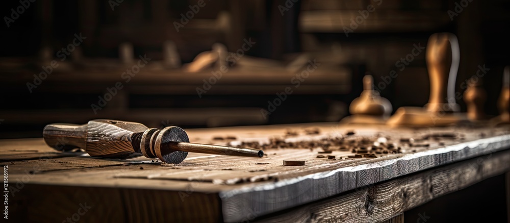 Closeup of a wooden carpenter's workbench with a gouge tool positioned diagonally, surrounded by wood shavings and rustic workshop background. Closeup of a wooden carpenter's workbench with a gouge tool positioned diagonally, surrounded by wood shavings and rustic workshop background.