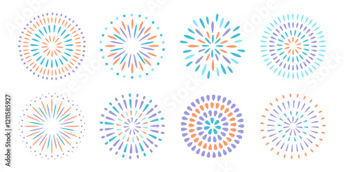 花火のベクターイラストセット。打ち上げ花火のアイコン。カラフルで華やかな光の装飾。