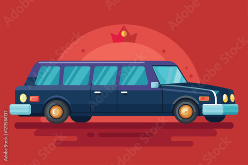 A colorful cartoon limousine stands out against a bright red backdrop, featuring a stylish crown design, Limousine Customizable Cartoon Illustration