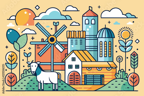 A colorful countryside features a barn, a cow in a grassy area, a sheep, and a windmill surrounded by trees, Linear poster with mill, cow, sheep, barn and harvest,